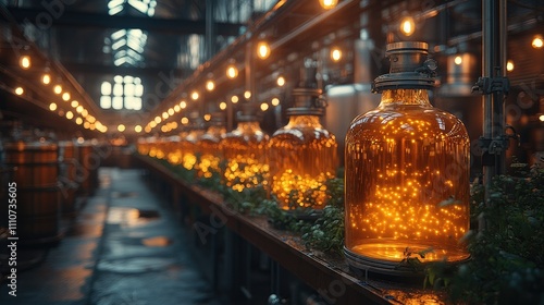 A dimly lit distillery showcasing large glass jars filled with glowing liquid and greenery.