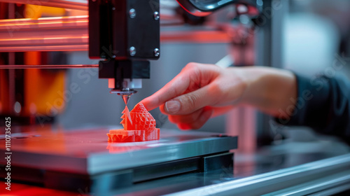 student’s hand carefully removes freshly printed red 3D model from printer, showcasing intricate details of design. vibrant colors and technology create engaging atmosphere