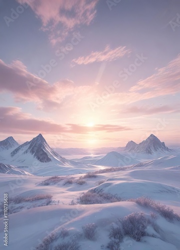 Soft pastel colors radiate from the arctic sky , frozen tundra, arctic terrain, gentle glow