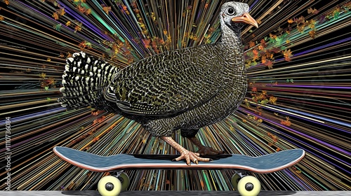 A turkey skateboarding amidst a vibrant autumnal burst.