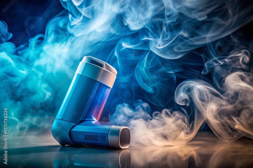 Macro Photography of Medical Inhaler Against Blue Smoke Background for Asthma Treatment and Emergency Response with Focus on Oxygen Spray and Drug Delivery Macro Photography of Medical Inhaler Against Blue Smoke Background for Asthma Treatment and Emergency Response with Focus on Oxygen Spray and Drug Delivery