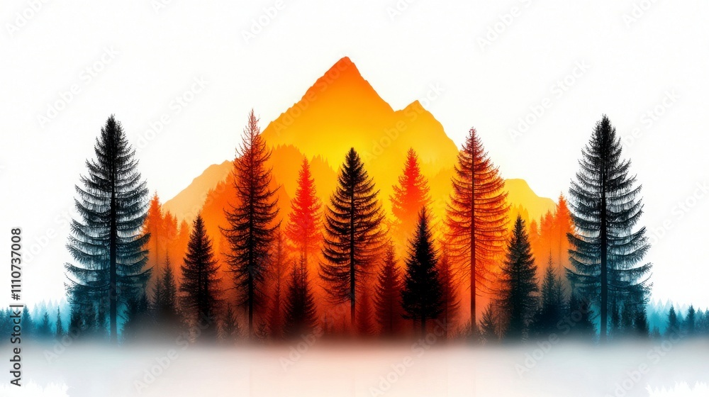 Obraz premium Vibrant Sunset Over Majestic Mountains and Lush Pine Forests