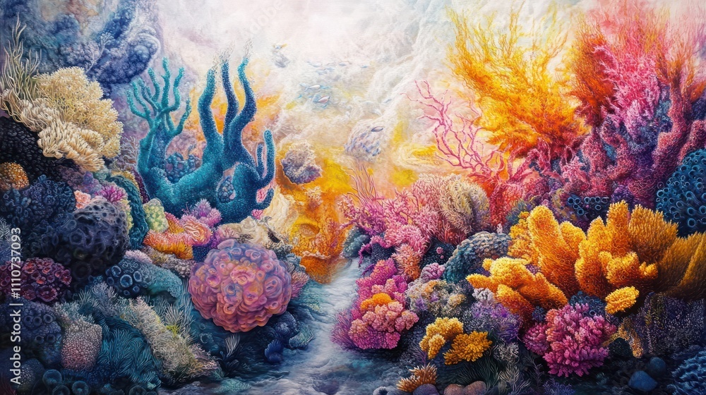 Naklejka premium Vibrant coral reef scene with diverse colorful corals and marine life.
