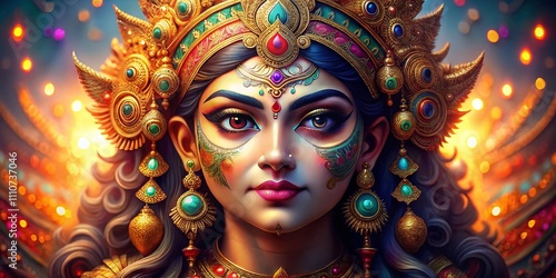 Majestic and Colorful Illustration of Ornate Hindu Goddess Durga’s Face Surrounded by a Dreamy Bokeh Effect, Capturing Divine Beauty and Spiritual Essence in Rich Detail