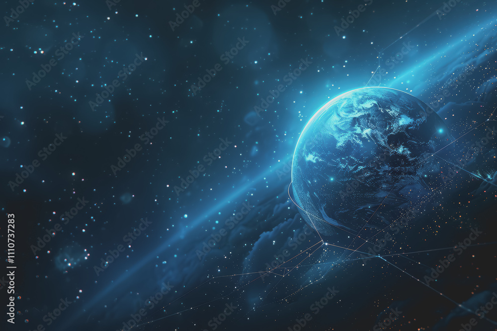 Fototapeta premium Abstract digital background with a blue gradient and glowing planets with connecting dots.