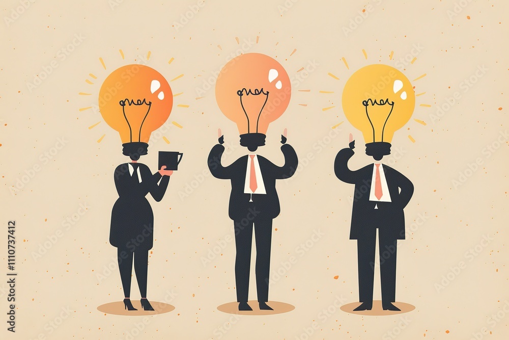 Three men with light bulb heads are standing in front of a woman Three men with light bulb heads are standing in front of a woman