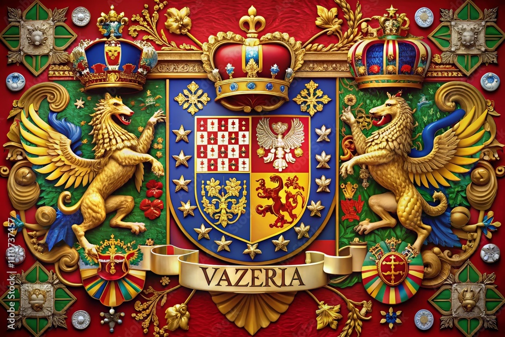 Naklejka premium Majestic Coat of Arms of the Western Unistran Empire of Vazeria, Symbolizing Power and Authority Under the Rule of the Ultimate Priest, Featuring a Grand Shield Divided into Quarters