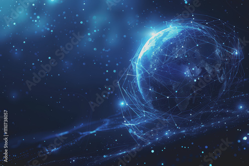 Abstract digital background with a blue gradient and glowing planets with connecting dots.