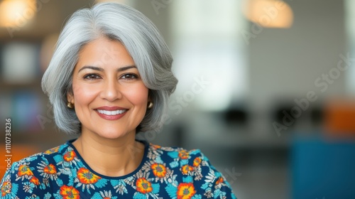 Mature woman with silver hair and vibrant floral top smiling warmly in a modern office, representing wisdom and confidence.