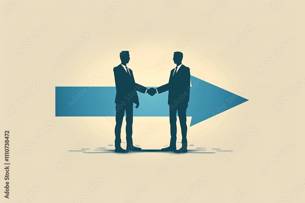 Two men shaking hands in front of a blue arrow Two men shaking hands in front of a blue arrow