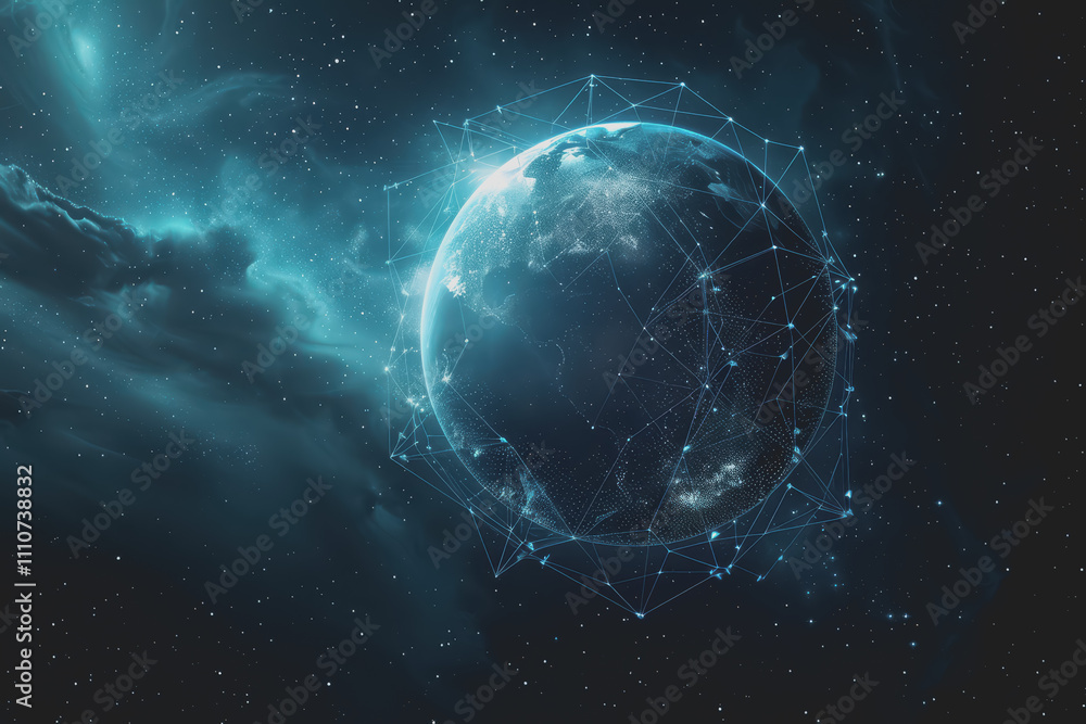 Abstract digital background with a blue gradient and glowing planets with connecting dots.