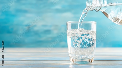 Refreshing glass of water being poured with ice cubes against a light blue background, symbolizing hydration and freshness.