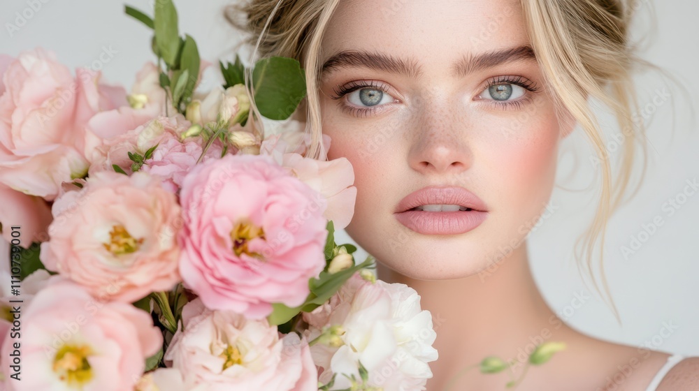 Woman with natural makeup holding a bouquet of soft pink flowers, representing beauty and elegance with a soft expression. Woman with natural makeup holding a bouquet of soft pink flowers, representing beauty and elegance with a soft expression.