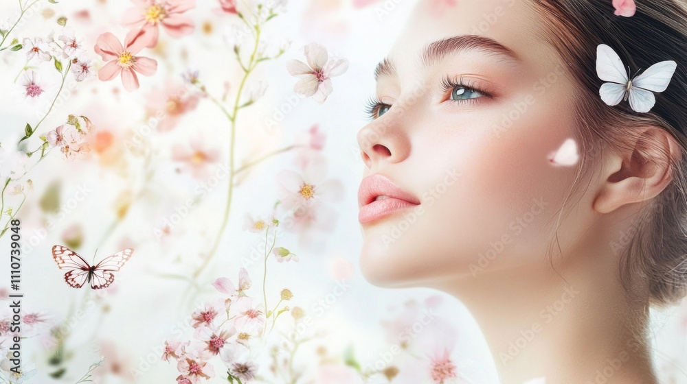 Beautiful Woman with Flowers and Butterflies - Nature Inspired Portrait Beautiful Woman with Flowers and Butterflies - Nature Inspired Portrait