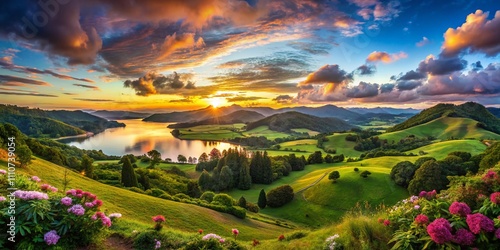 Majestic Panoramic View of Victoria Reggie Landscape at Sunset with Vibrant Colors, Lush Greenery, and Serene Waters, Capturing the Beauty of Nature and Tranquility photo