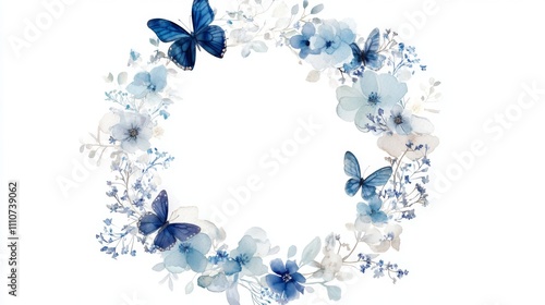 Fototapeta Naklejka Na Ścianę i Meble -  Blue Watercolor Floral Wreath with Butterflies