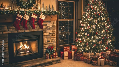 Cozy Christmas scene with decorated tree, fireplace, stockings, and gifts, creating a warm festive ambiance.