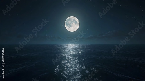 Full moon illuminating a calm sea at night with gentle waves reflecting the silver light