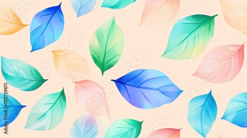 Seamless pastel leaf pattern in blue, green, and peach shades on a light cream background, ideal for nature or spring-themed designs.