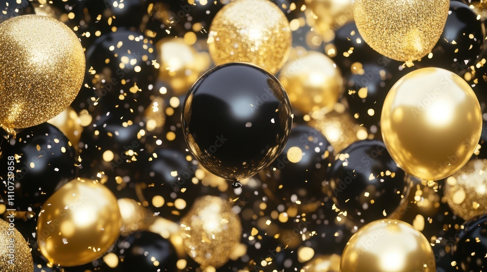 Elegant gold and black balloons with sparkling confetti, creating a luxurious and festive celebration atmosphere. Elegant gold and black balloons with sparkling confetti, creating a luxurious and festive celebration atmosphere.