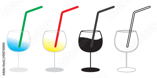 Collection Of Party Cocktail, Glass With Straw, Drink, Party Cocktail, Drink, Festive Beverage For Holiday Celebrating. Use For Decorating Design Menu. Have Fun. Isolated On Transparent Background.