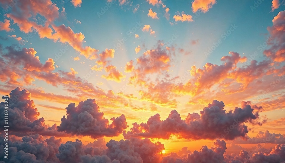 Vibrant sunset sky with fluffy white clouds in front, , soft focus effect, sunset colors Vibrant sunset sky with fluffy white clouds in front, , soft focus effect, sunset colors