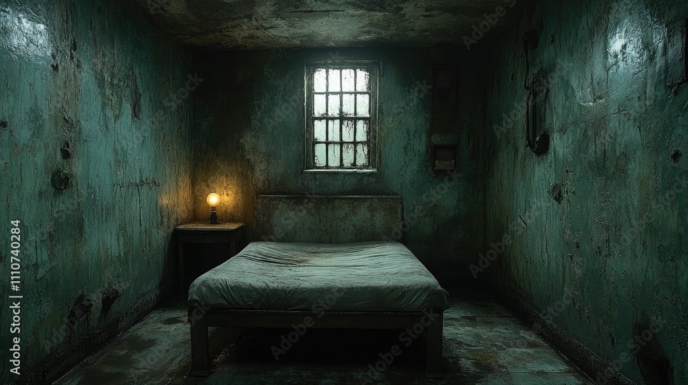 A dimly lit, dilapidated room with a bed, window, and a solitary light bulb. A dimly lit, dilapidated room with a bed, window, and a solitary light bulb.