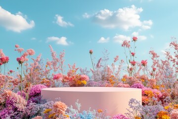 3d render platform and Natural podium background on colorful flowes field for product display, Blank showcase, mock up template or cosmetic presentation with empty round stage. generative ai. 