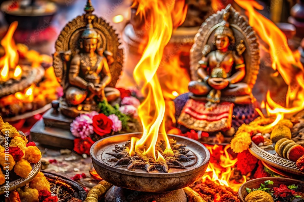 Obraz premium Mesmerizing Macro Photography of Agni Dev Stuti Mantra Elements with Flames, Ritual Offerings, and Spiritual Symbols Capturing the Essence of Fire Worship in Hindu Tradition