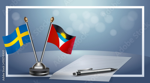 Sweden and Antigua and Barbuda Small national flag on bokeh background, cooperative relationship