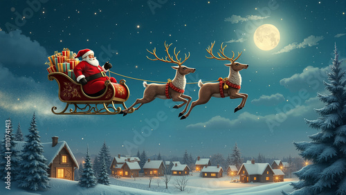 Santa Claus flying through a starry night sky in a gift-filled sleigh, reindeer in mid-flight, above a snowy, glowing village.