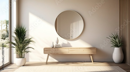 A photo of a minimalist entryway with a statement mirror