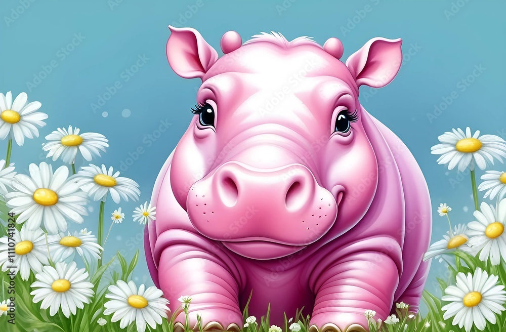 a pink rhino with daisies on the front of it a pink rhino with daisies on the front of it