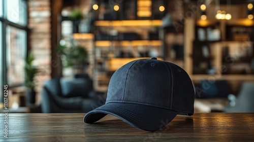Black Baseball Cap on Wooden Table with Blurred Background