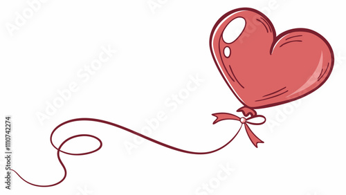 Red heart balloon floating with ribbon on white background, colorful vector