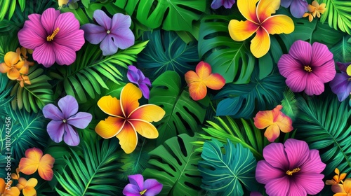 Vibrant Tropical Flowers and Lush Foliage - A Colorful Nature Wallpaper