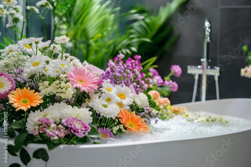 Wallpaper Mural Bathroom with a bathtub filled with different flowers creating romantic relaxing atmosphere in spa salon, body care and mental health routine concept, flower show  Torontodigital.ca