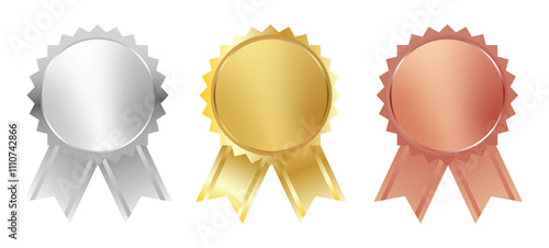 Gold silver and bronze medal with ribbon set vector illustration. Realistic isolated trophy and medal collection with metal reward badges for winners, quality certificate vector stock illustration
