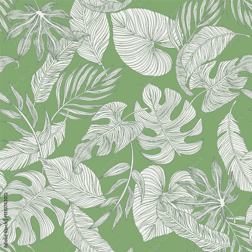 Fototapeta premium Tropic Seamless Pattern with Monstera in Watercolor Style. Vector Leaves of Philodendron and Palm. Exotic Background. Handwritten Jungle Foliage. Monochrome Tropical Seamless Pattern for Cloth Design.