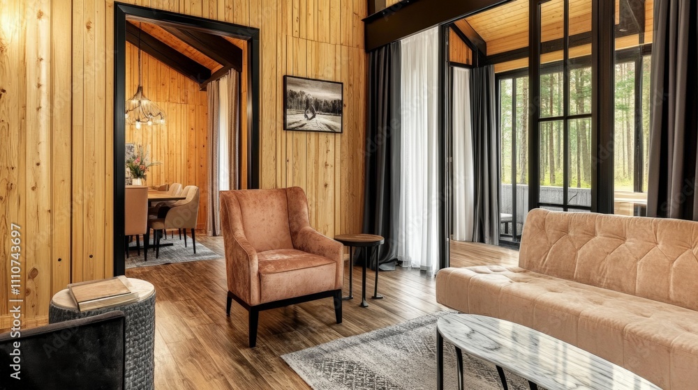 Fototapeta premium Country style home interior design. Living room with Beige sofa and natural wood elements, and black accent elements.
