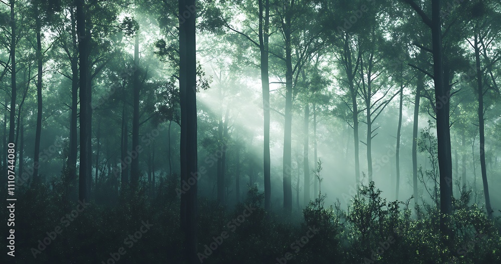 Fototapeta premium Sunbeams Illuminate a Misty Green Forest