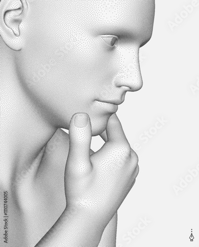 Time to think.  man with his hand on his chin as though he was thinking. Searching for answers. Giving it a little thought. Minimalistic design for business presentation, flyer or poster. 3d vector.