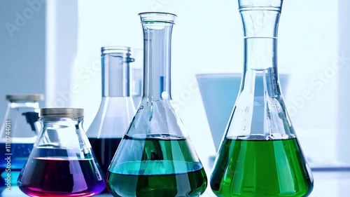 A chemistry lab with lots of glass flasks with different colored liquids photo