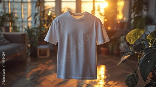 Blank White T-Shirt Mockup with Natural Light and Plant Foliage