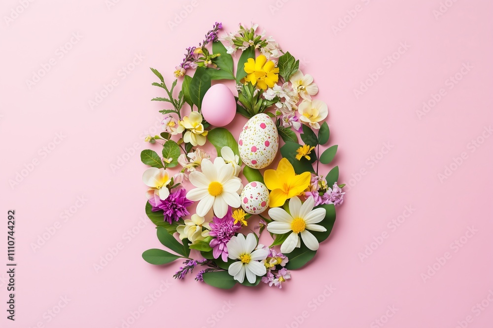 Easter egg shape made with various spring flowers and leaves on pastel pink background. Minimal Happy Easter concept. Flat lay. Easter egg shape made with various spring flowers and leaves on pastel pink background. Minimal Happy Easter concept. Flat lay.