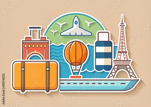 Minimalistic Illustration of a Travel Agency Logo Sticker Featuring a Cruise Ship, Landmarks, Beach Ball, Tour Bus, and Luggage Tag for Modern Travel Branding photo