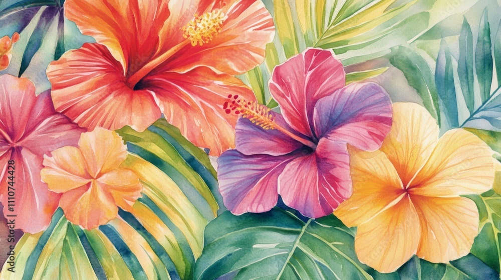 Watercolor Painting of Vibrant Hibiscus Flowers Watercolor Painting of Vibrant Hibiscus Flowers