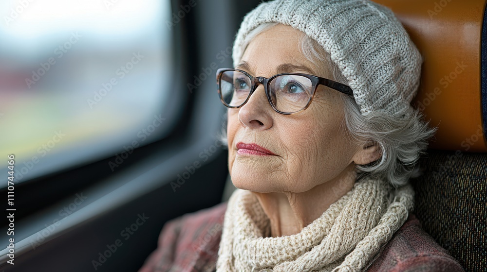 thoughtful elderly woman wearing glasses and knitted hat gazes out window, reflecting on her journey. serene atmosphere captures moment of contemplation thoughtful elderly woman wearing glasses and knitted hat gazes out window, reflecting on her journey. serene atmosphere captures moment of contemplation