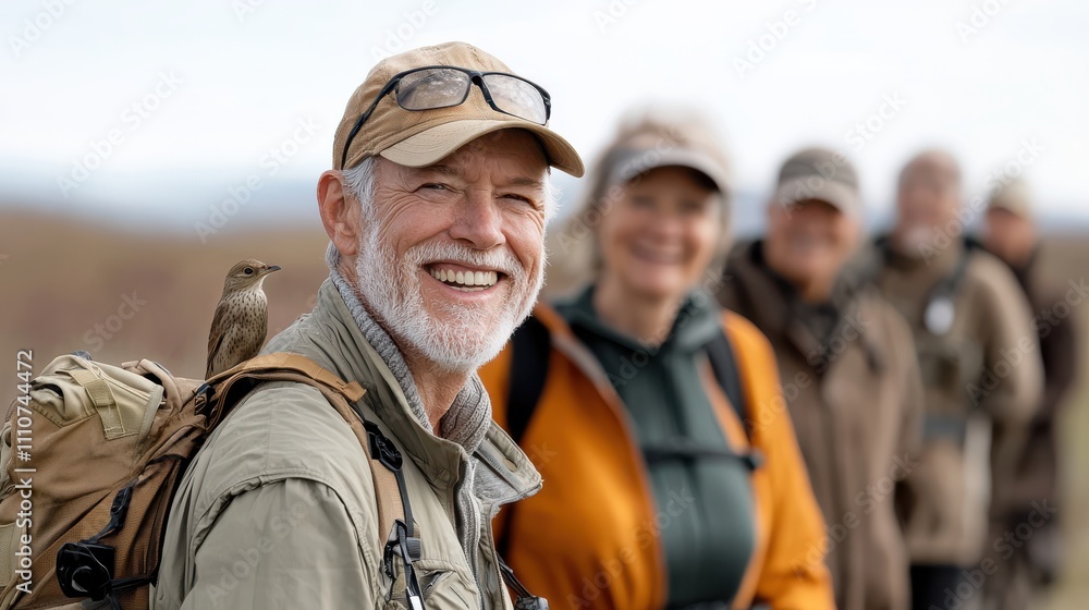 group of seniors enjoying nature walk, smiling and observing wildlife. camaraderie and joy of exploring outdoors together is evident group of seniors enjoying nature walk, smiling and observing wildlife. camaraderie and joy of exploring outdoors together is evident