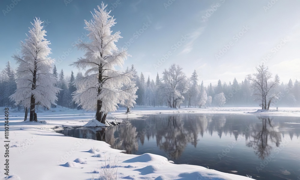 Winter landscape with snow-covered trees and a frozen lake, forest, frozen lakes Winter landscape with snow-covered trees and a frozen lake, forest, frozen lakes